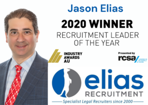 Legal Specialist Recruiter, Founder and CEO of Elias Recruitment, Jason Elias wins the 2020 RCSA Industry Award for Recruitment Leader of the Year